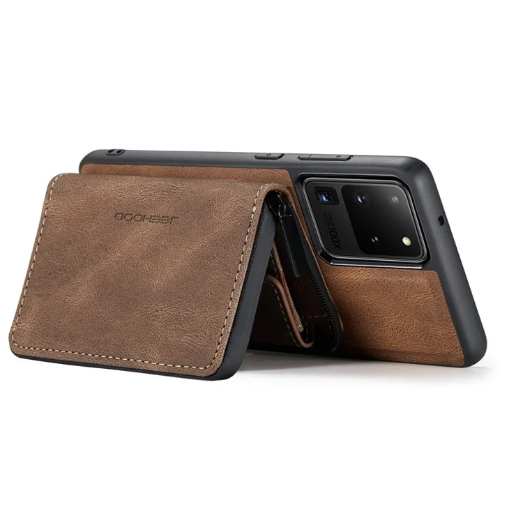 JEEHOOD For Samsung Galaxy S20 Ultra 4G/S20 Ultra 5G Zipper Wallet PU Leather Coated TPU Cover Kickstand Detachable Phone Case - Brown