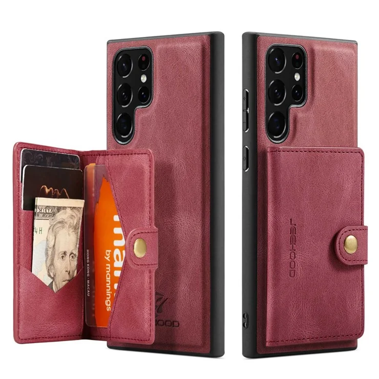 JEEHOOD For Samsung Galaxy S22 Ultra 5G Detachable Leather Coated TPU Case Wallet Kickstand Drop-proof Phone Cover - Red