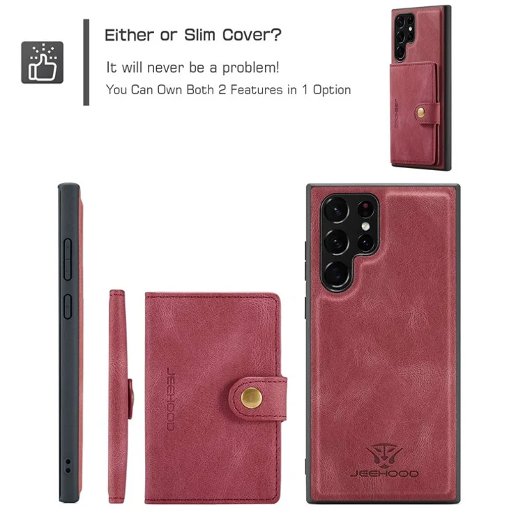 JEEHOOD For Samsung Galaxy S22 Ultra 5G Detachable Leather Coated TPU Case Wallet Kickstand Drop-proof Phone Cover - Red