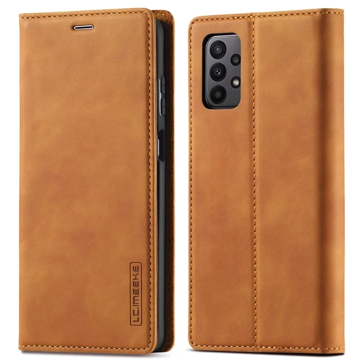 LC.IMEEKE For Samsung Galaxy A23 4G / 5G (Global Version) / M23 5G / F23 5G PU Leather Magnetic Closure Wallet Stand Phone Cover - Brown
