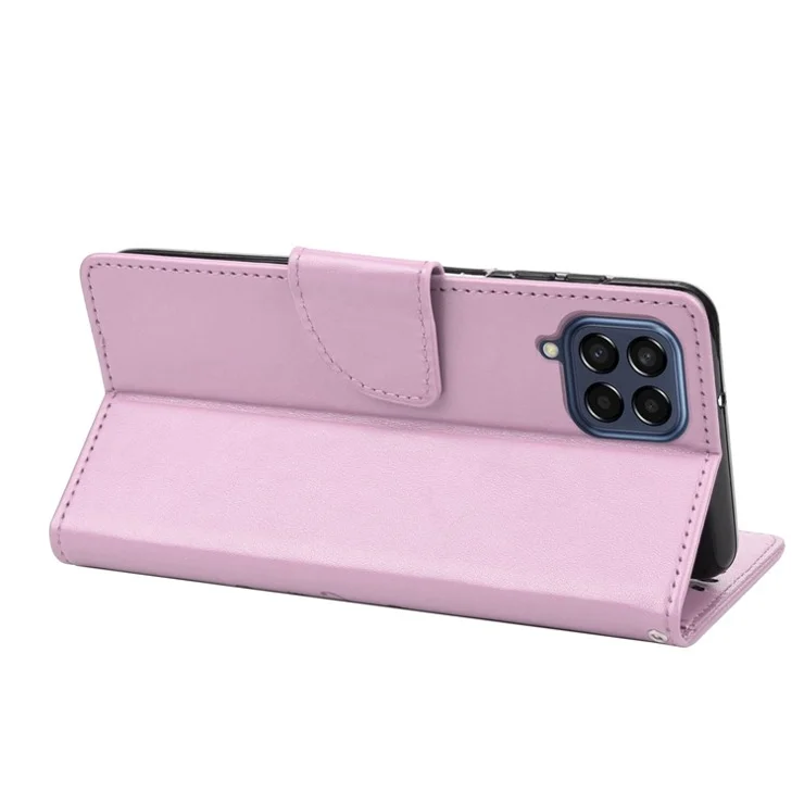 For Samsung Galaxy M33 5G (Global Version) Butterfly Flower Imprinted Wallet Case, PU Leather Foldable Stand Flip Cover with Hand Strap - Light Purple