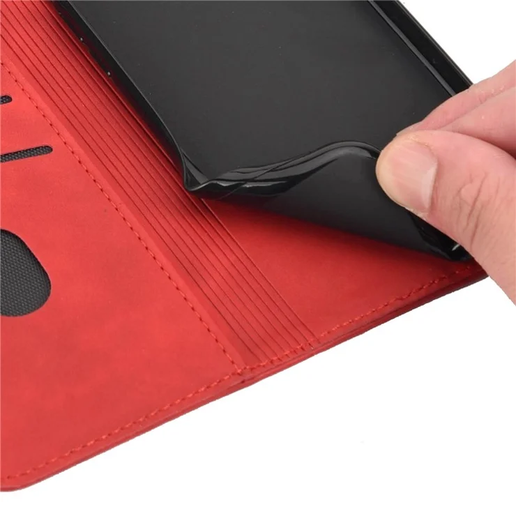 For Samsung Galaxy M33 5G (Global Version) Splicing PU Leather+TPU Skin-touch Feeling Case Stand Magnetic Absorption Flip Folio Wallet Cover - Red