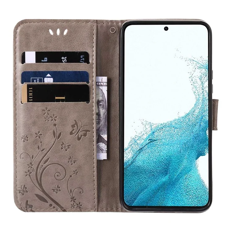 For Samsung Galaxy A73 5G Butterfly Flower Imprinted Wallet Phone Case PU Leather Folio Flip Cover with Stand/Strap - Grey