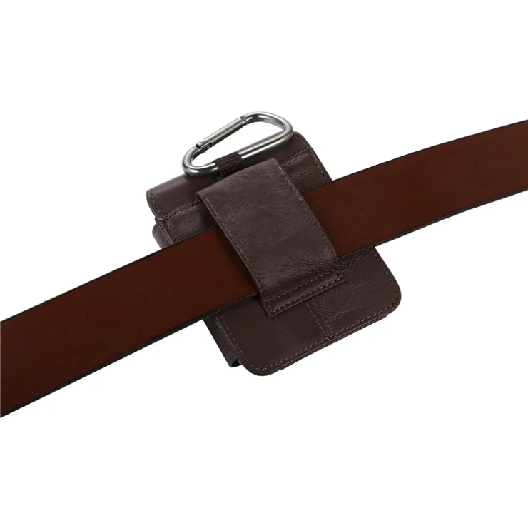 for Galaxy Z Flip3 5G/Huawei P50 Pocket/Motorola Razr 5G Cell Phone Belt Holster Phone Case Cowhide Leather Waist Pack Pouch with Hook - Dark Brown