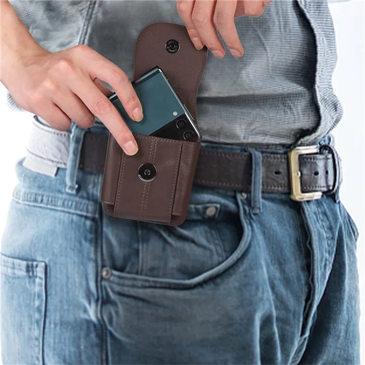for Galaxy Z Flip3 5G/Huawei P50 Pocket/Motorola Razr 5G Cell Phone Belt Holster Phone Case Cowhide Leather Waist Pack Pouch with Hook - Dark Brown