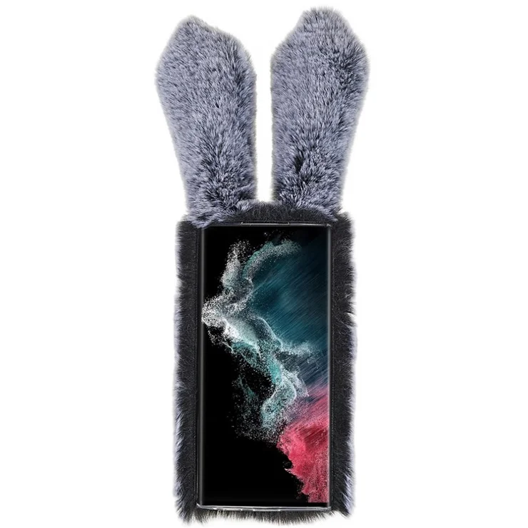 For Samsung Galaxy S22 Ultra 5G Cute 3D Bunny Ears Furry Winter Warm Case Soft TPU Protective Phone Cover with Glitter Rhinestone Bowknot - Dark Grey