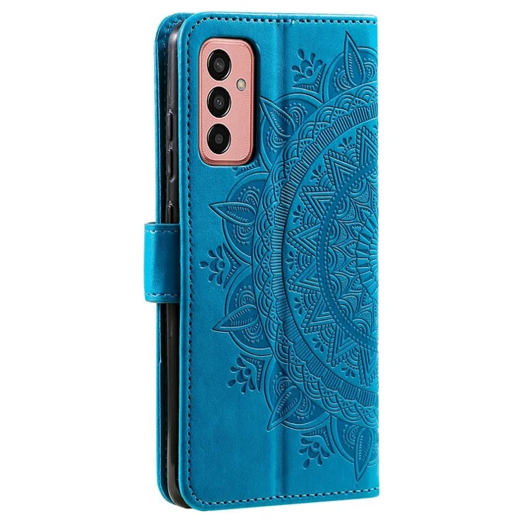 For Samsung Galaxy M13 4G Scratch Resistant Folio Stand Cover Mandala Flower Pattern Imprinted PU Leather Wallet Flip Case with Wrist Strap - Blue