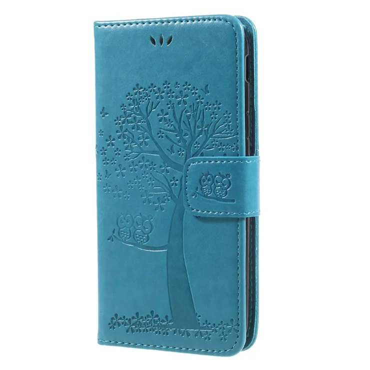Imprint Tree Owl Wallet Leather Stand Cover for Samsung Galaxy J3 (2017) EU Version - Blue