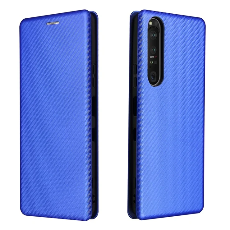 Carbon Fiber Texture Auto-absorbed Cell Phone Stand Cover for Sony Xperia 1 III 5G Leather Case - Blue