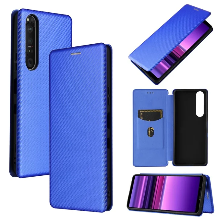 Carbon Fiber Texture Auto-absorbed Cell Phone Stand Cover for Sony Xperia 1 III 5G Leather Case - Blue