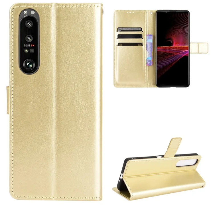 Crazy Horse Skin with Wallet Stand Leather Shell with Strap for Sony Xperia 1 III 5G - Gold