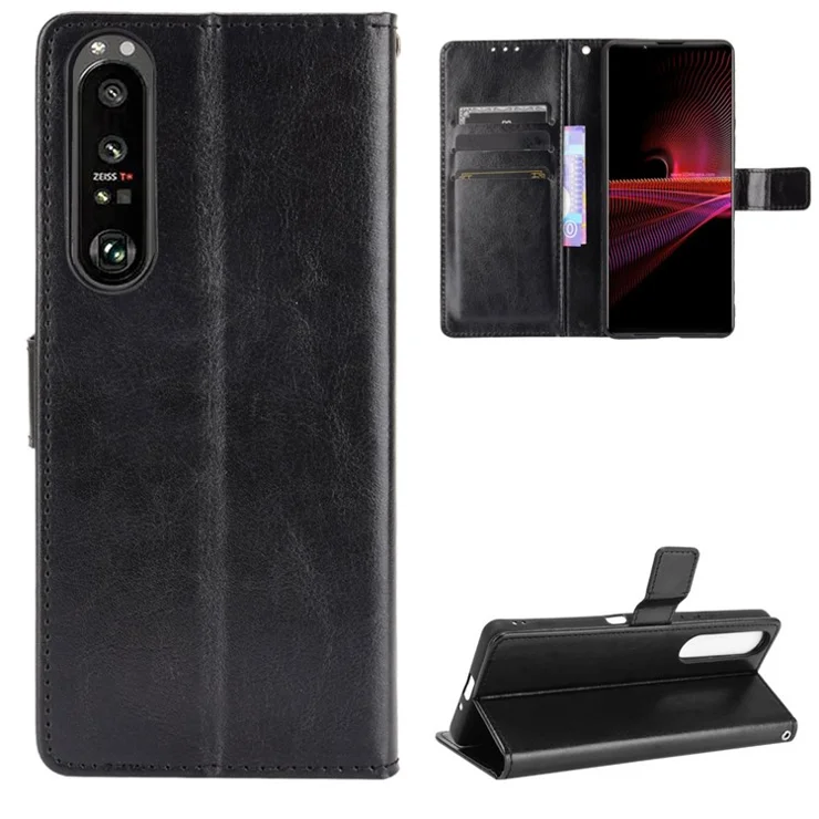 Crazy Horse Skin with Wallet Stand Leather Shell with Strap for Sony Xperia 1 III 5G - Black