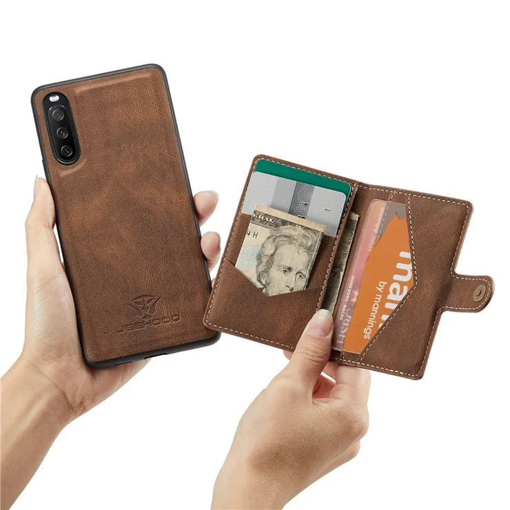 JEEHOOD Detachable 2-in-1 Leather Coated TPU Phone Case with Magnetic Clasp Wallet Design for Sony Xperia 10 III 5G - Brown
