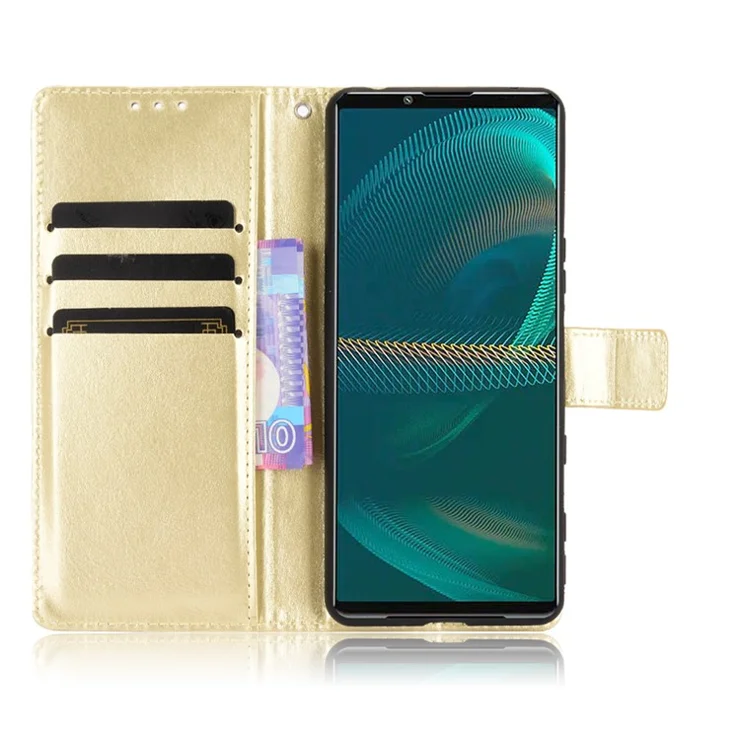 Crazy Horse Skin Leather Wallet Shell Protective Cover with Stand and Strap for Sony Xperia 5 III 5G - Gold