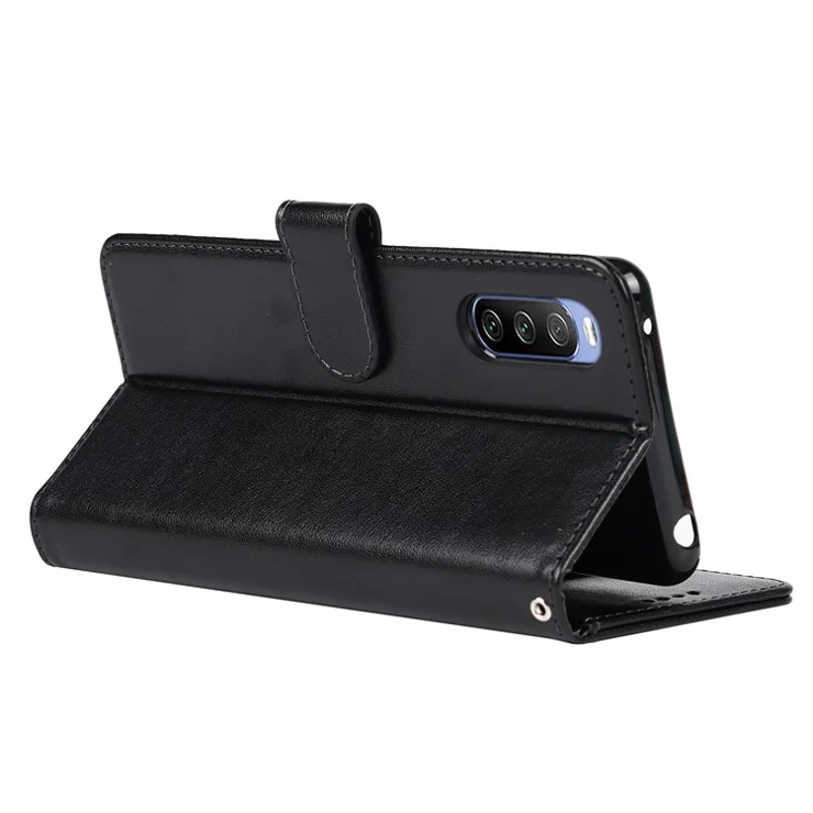 R61 Texture Felled Seam Phone Case PU Leather Anti-scratch Well-protected Wallet Stand Shell with Strap for Sony Xperia 10 III 5G/Xperia 10 III Lite - Black