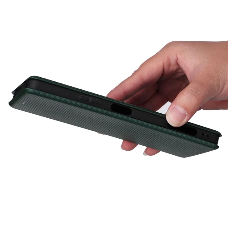 For Sony Xperia Pro-I Ring Strap Carbon Fiber Texture Case Well-protected Auto-absorbed Magnetic Closure Leather Phone Cover with Stand - Green