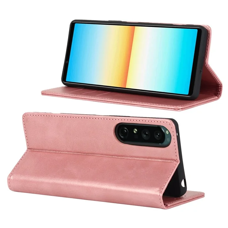 For Sony Xperia 1 IV PU Leather Protective Cover Auto-absorbed Wallet Stand Design Phone Case - Rose Gold