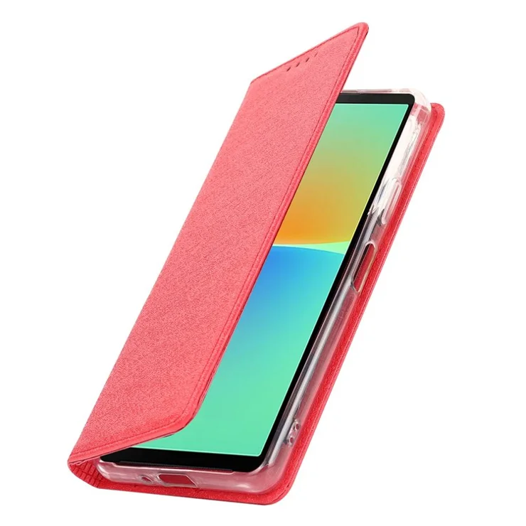 For Sony Xperia 10 IV 5G Anti-scratch PU Leather Silk Texture Phone Case Stand Wallet Shockproof Mobile Phone Cover with Strap - Red
