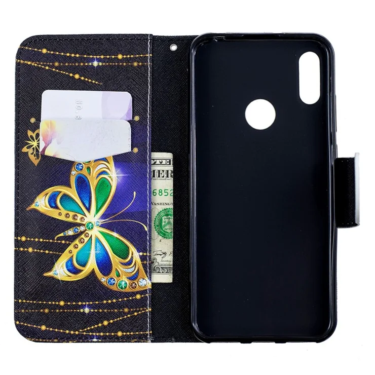 Pattern Printing PU Leather Wallet Mobile Phone Cover for Huawei Y6 (2019, with Fingerprint Sensor) / Y6 Prime (2019) - Butterfly with Diamond