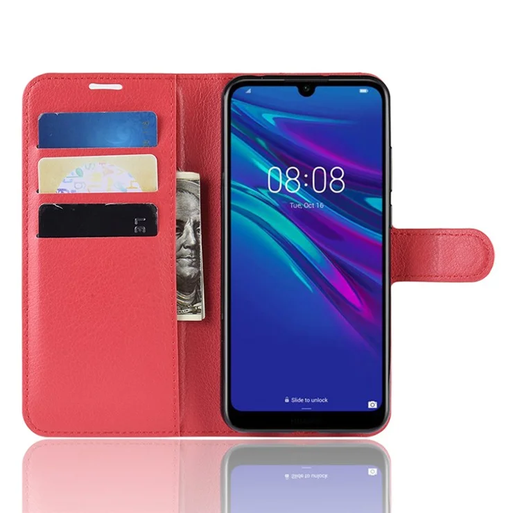 Litchi Texture Wallet Stand Leather Protector Cover for Huawei Y6 (2019, with Fingerprint Sensor) / Y6 Prime (2019) - Red
