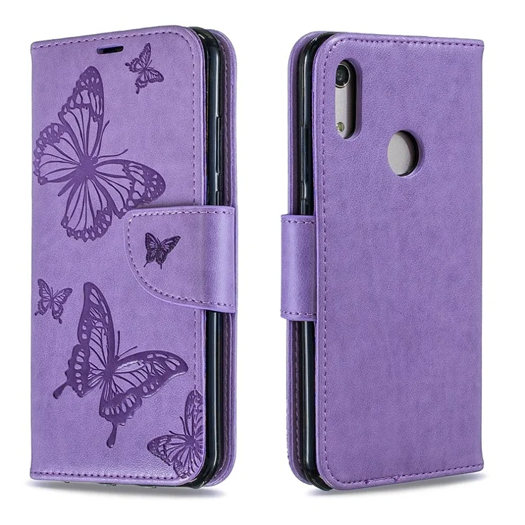 Imprint Butterfly PU Leather Wallet Flip Case with Strap for Huawei Y6 (2019, with Fingerprint Sensor) / Y6 Prime (2019) / Honor 8A - Purple