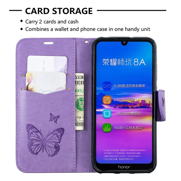 Imprint Butterfly PU Leather Wallet Flip Case with Strap for Huawei Y6 (2019, with Fingerprint Sensor) / Y6 Prime (2019) / Honor 8A - Purple