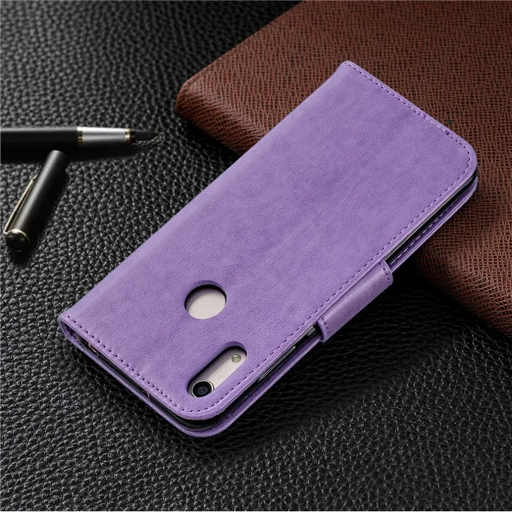 Imprint Butterfly PU Leather Wallet Flip Case with Strap for Huawei Y6 (2019, with Fingerprint Sensor) / Y6 Prime (2019) / Honor 8A - Purple