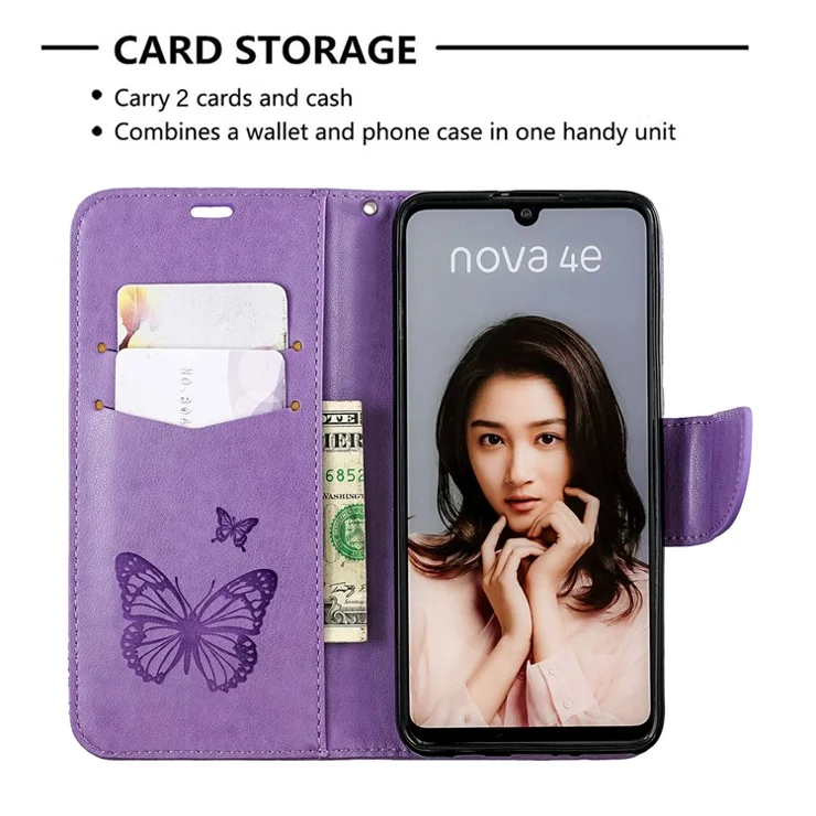 Imprint Butterfly PU Leather Wallet Flip Case with Strap for Huawei P30 Lite / nova 4e / P30 Lite New Edition - Purple