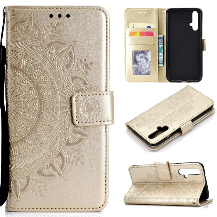 Imprint Flower Leather Wallet Phone Case for Huawei Honor 20S / Honor 20/nova 5T - Gold