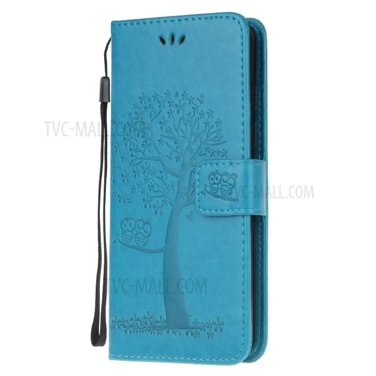 For Huawei P40 Lite/nova 7i/nova 6 SE Imprint Tree Owl Leather Wallet Stand Shell - Blue