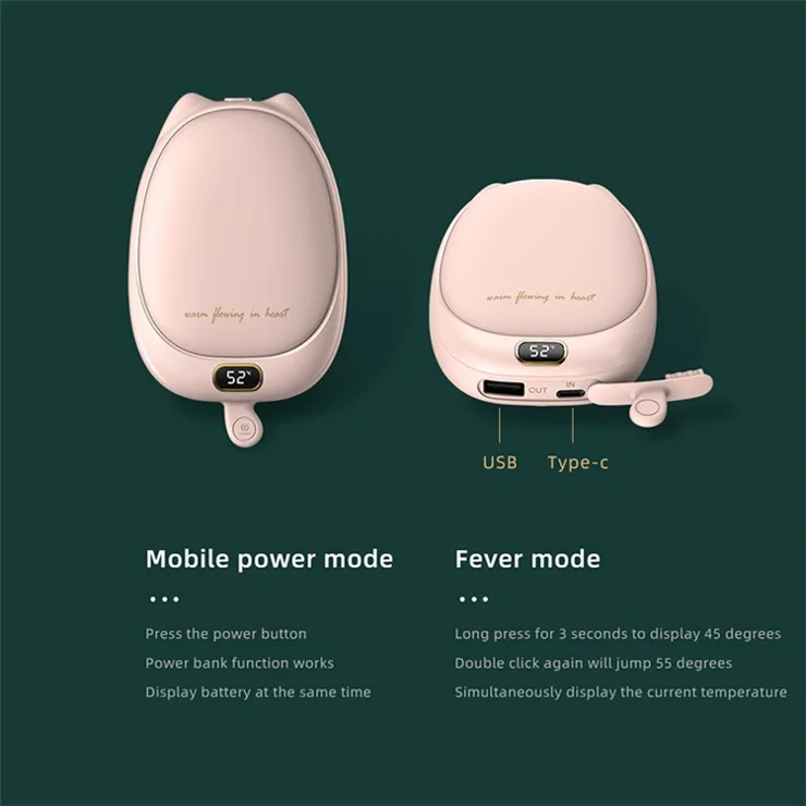 2-in-1 Intelligent Digital Display 2 Gears Temperature Control Hand Warmer 10000mAh Battery Portable Power Bank - Red