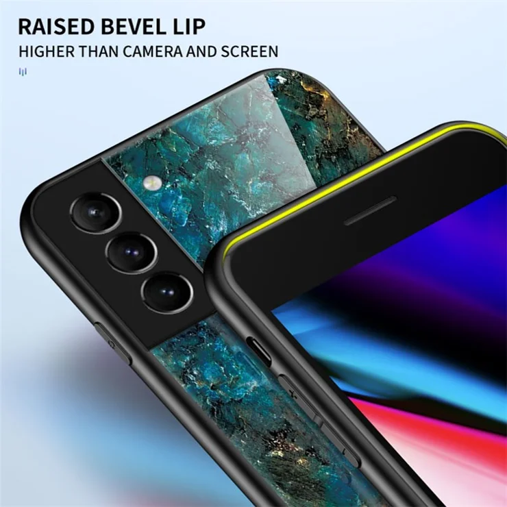 Marble Pattern Design Soft TPU Bumper Frame Skin Hard Tempered Glass Back Cover for Samsung Galaxy S22 5G - Gold Black Marble