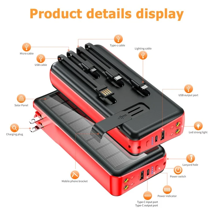 PSOOO PS-160 30000mAh PD 22.5W Dual-Sided Fast Charging External Battery 4-Cable Solar Charging Power Bank, US Plug - Red