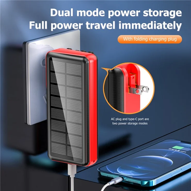 PSOOO PS-160 30000mAh PD 22.5W Dual-Sided Fast Charging External Battery 4-Cable Solar Charging Power Bank, US Plug - Red