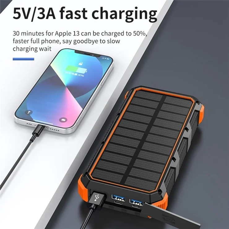 PSOOO M2 20000mAh 7-Output + 3-Input Solar Charging Phone External Battery Built-in 4-Cable Wireless Charging Power Bank with LED Flashlight - Orange