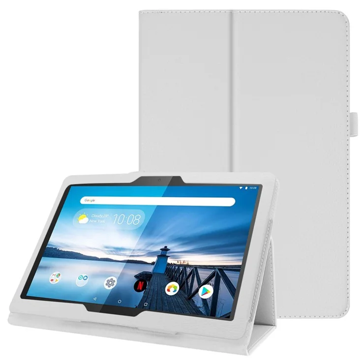 Anti-scratch Shockproof Litchi Texture Leather Stand Protective Phone Case Cover for Lenovo Tab M10 TB-X605F - White