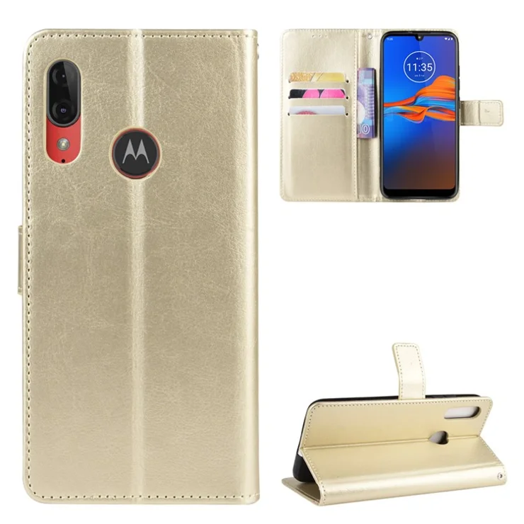 Crazy Horse Skin Leather Wallet Phone Case for Motorola Moto E6 Plus / E6s - Gold