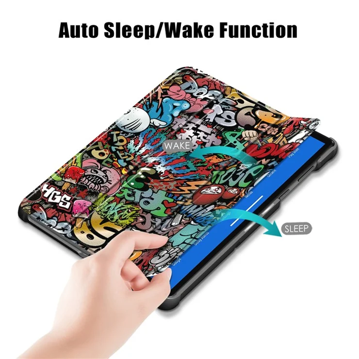 Pattern Printing Leather Smart Case Dual-Angle Tri-fold Stand Auto-Wake/Sleep Tablet Cover for Lenovo Smart Tab M10 FHD Plus/Tab M10 Plus TB-X606F - Cartoon Pattern