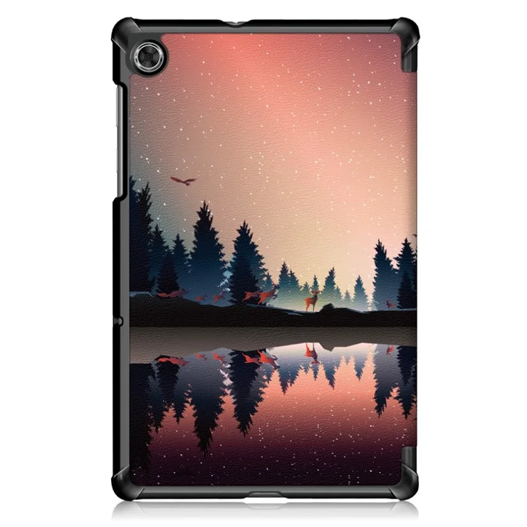 Pattern Printing Leather Smart Case Dual-Angle Tri-fold Stand Auto-Wake/Sleep Tablet Cover for Lenovo Smart Tab M10 FHD Plus/Tab M10 Plus TB-X606F - Tree and Reflection