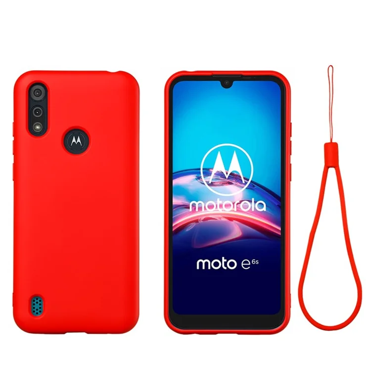 Liquid Silicone Phone Cover Case with Lanyard for Motorola Moto E6i / E6s (2020) - Red