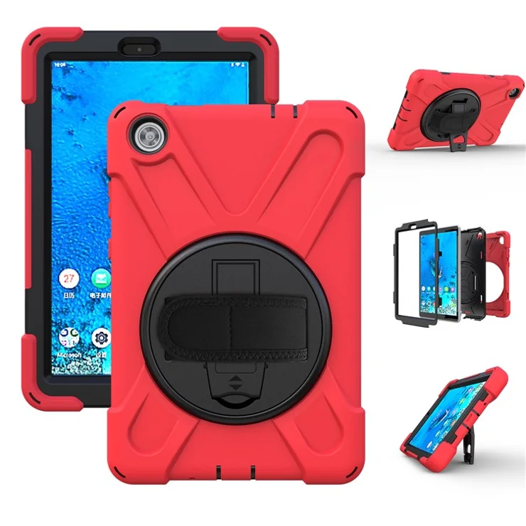 360° Swivel PC + Silicone Kickstand Tablet Case with Shoulder Strap for Lenovo Tab M8 (HD) TB-8505X / 8505F / Tab M8 (3rd Gen) 8506F - Red