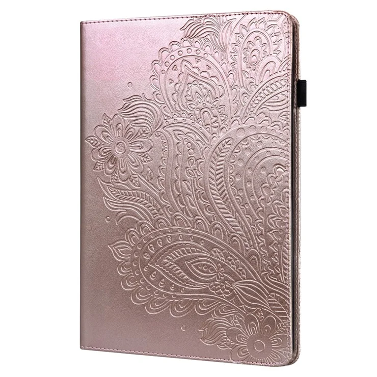Imprinted Flower Pattern Leather Wallet Stand Tablet Protective Case for Lenovo Tab M10 Plus - Rose Gold