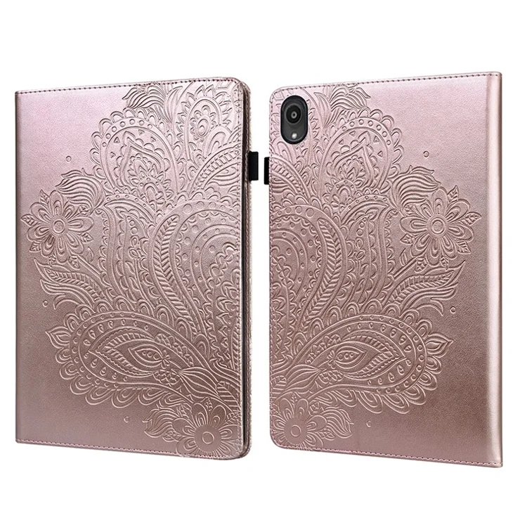 Imprinted Peafowl Flower Pattern Design Leather Tablet Wallet Stand Protective Shell for Lenovo Tab P11 TB-J606F / Tab P11 5G - Rose Gold