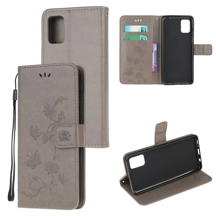 Imprint Butterfly Flower Leather Wallet Stand Phone Cover for Motorola Moto G100 / Motorola Edge S - Grey