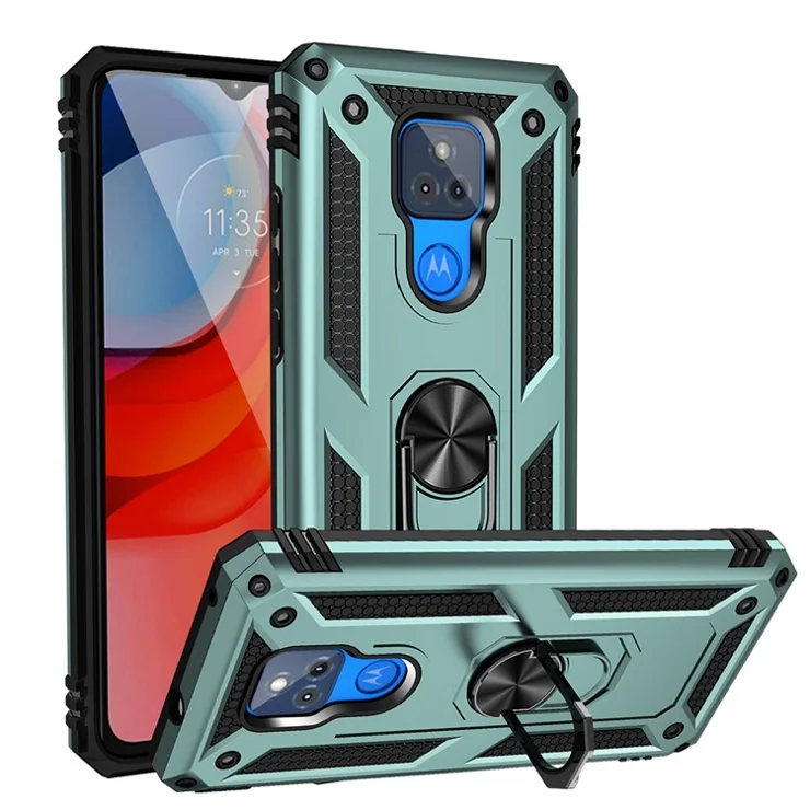 Anti-Fall Hybrid PC + TPU + Metal Phone Case Cover with Finger Ring Kickstand for Motorola Moto G Play (2021) - Blackish Green