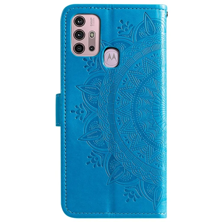 Imprinted Mandala Flower Wallet Leather Case for Motorola Moto G30/G20/G10 - Blue