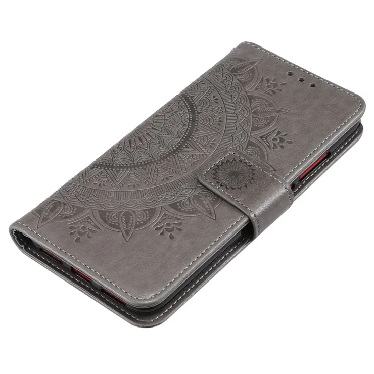 Imprinted Mandala Flower Design Wallet Leather Case for Motorola Moto E7 Power/Moto E7i Power - Grey