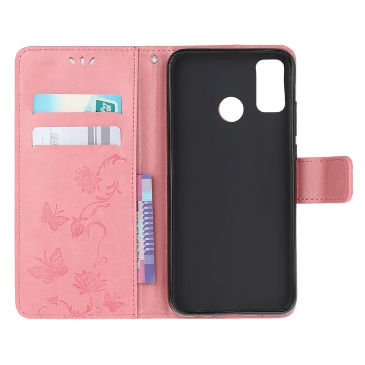 Imprint Butterfly Flower Wallet Stand Leather Mobile Phone Case for Motorola Moto G60/G40 Fusion - Pink