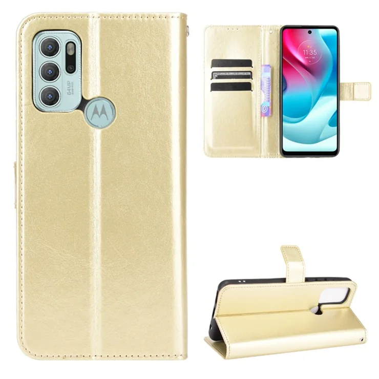Shockproof Anti-Drop Crazy Horse Texture Leather Wallet Wrist Strap Design Phone Case with Stand for Motorola Moto G60S - Gold