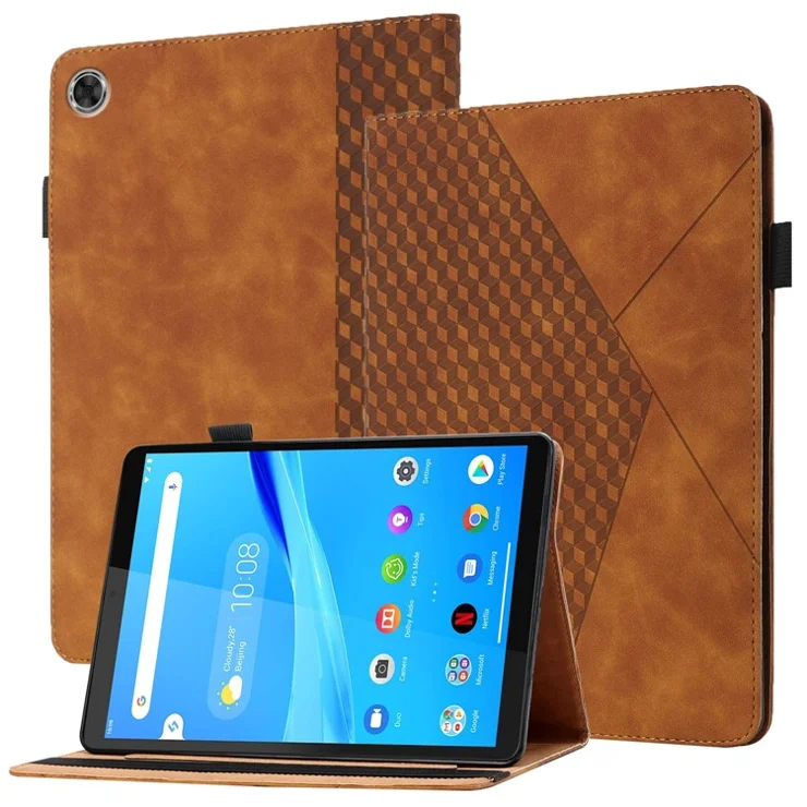 Multi-Color Rhombus Imprinting Skin-Touch PU Leather Tablet Protective Cover Case with Card Slots for Lenovo Tab M8 (FHD)/Tab M8 (2nd Gen) TB-8705F/8705X/8505X - Brown